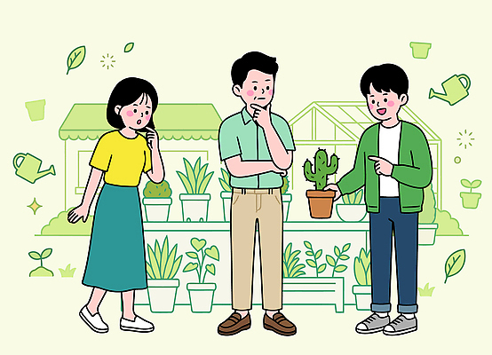식물 여자 남자 일러스트 선인장 이야기 대화 친구 상점 흥미 홈가드닝 국내일러스트 AI파일 컨셉 관계 말하기 사람 원예 파일형식 벡터