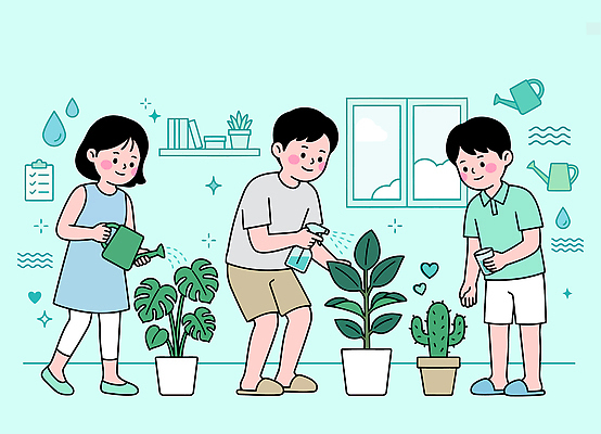 식물 화분 잎 일러스트 가족 모션 실내 친구 즐거움 물주기 원예 분무기 기르기 돌봄 홈가드닝 국내일러스트 AI파일 감정 관계 취미 내부 파일형식 벡터