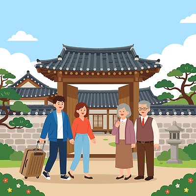 나무 전통 여자 남자 여행 가방 일러스트 가족 한옥 한국 사람 건물 정원 돌 방문 효도 효도관광 국내일러스트 AI파일 식물 한국전통 건축물 잡화 아시아 컨셉 고건축 관계 파일형식 벡터