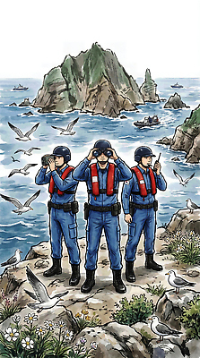 JPG 남자 바다 섬 일러스트 자연 조류 협력 안전 풍경 해변 수중동물 쌍안경 바위 보트 구출 경계 감시 독도 독도수비대 조난 해양사고 국내일러스트 AI일러스트 AI콘텐츠 동물 한국 사람 망원경 배 사건 생태계 선박 파일형식