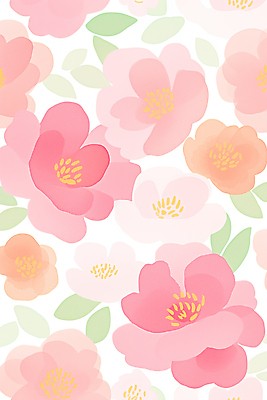 JPG 모양 디자인 꽃 분홍색 컬러 백그라운드 잎 꽃무늬 패턴 일러스트 주황색 봄 배열 화사함 스타일 국내일러스트 AI일러스트 AI콘텐츠 식물 계절 컨셉 무늬 파일형식