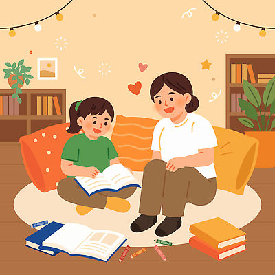 교육 딸 행복 어린이 일러스트 가족 모션 놀이 엄마 조명 따뜻함 대화 책 소파 독서 방 읽기 즐거움 크레파스 독서교육 국내일러스트 AI파일 감정 의자 관계 학용품 말하기 사람 파일형식 벡터