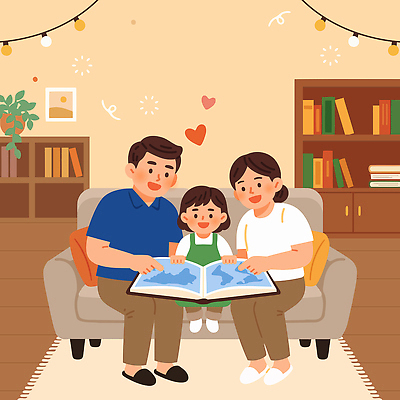 교육 행복 어린이 거실 일러스트 가족 모션 놀이 조명 책장 따뜻함 이야기 책 부모 소파 독서 자녀 읽기 독서교육 국내일러스트 AI파일 감정 가구 의자 관계 사람 파일형식 벡터