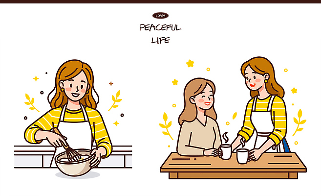 그릇 손 여자 행복 음료 음식 일러스트 탁자 함께함 대화 요리 웃음 생활 친구 주방 믹서 친목 국내일러스트 AI파일 식기 감정 가구 컨셉 관계 표정 말하기 사람 신체부위 파일형식 벡터