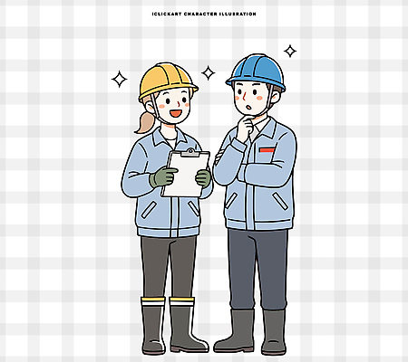 여자 남자 생각 일러스트 협력 아이디어 작업복 공사 대화 작업 엔지니어 계획 안전모 토론 점검 방법 서류판 안전기사 역할 이해 착용 일러캐릭터 AI파일 직업 캐릭터 옷 컨셉 건설업 말하기 사람 사무용품 기술자 헬멧 안전장비 파일형식 벡터