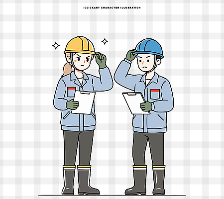여자 남자 건축 산업 일러스트 협력 작업복 안전 파란색 노란색 작업 기술자 안전모 문서 점검 안전기사 작업자 체크리스트 일러캐릭터 AI파일 직업 캐릭터 옷 컬러 사람 헬멧 안전장비 파일형식 벡터