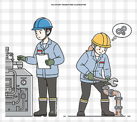 여자 남자 일러스트 작업복 기계 장비 도구 작업 작업장 기술자 엔지니어 수리 계획 안전모 점검 안전기사 일러캐릭터 AI파일 직업 캐릭터 옷 산업 컨셉 사람 헬멧 안전장비 파일형식 벡터