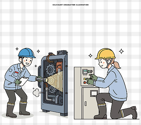 여자 남자 산업 일러스트 기술 관리 작업복 안전 기계 장비 작업 기술자 부속품 수리 전기에너지 안전모 헬멧 점검 설정 안전기사 일러캐릭터 기계공학 AI파일 직업 캐릭터 옷 사람 에너지 안전장비 보호장비 오브젝트 공학 파일형식 벡터