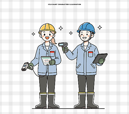여자 남자 일러스트 협력 기술 작업복 안전 두명 자료 기계 장비 작업 안전모 헬멧 측정 문서 점검 기능 안전기사 전문 체크리스트 일러캐릭터 AI파일 직업 캐릭터 옷 사람 안전장비 보호장비 파일형식 벡터