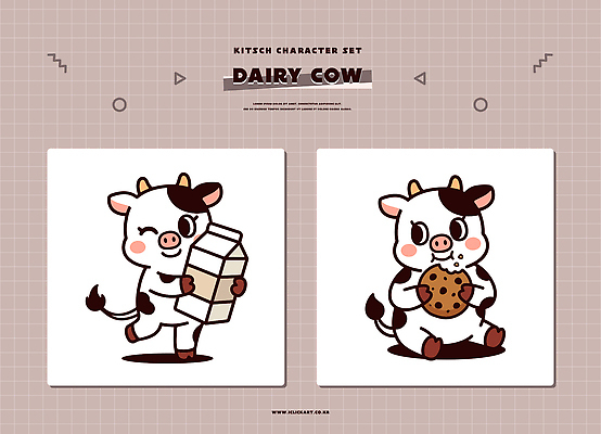 동물 캐릭터 포즈 일러스트 세트 농장 쿠키 귀여움 우유 젖소 스타일 키치 일러캐릭터 AI파일 컨셉 농업 디저트 유제품 소 파일형식 벡터