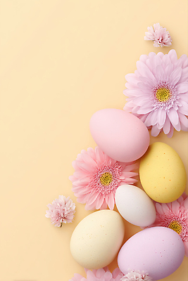 JPG 식물 편집이미지 꽃 분홍색 노란색 계란 봄 부활절계란 화사함 파스텔 편집실사 AI포토 AI콘텐츠 계절 컬러 컨셉 학용품 부활절 알 CG 파일형식