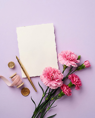 JPG 편집이미지 리본 종이 컬러 꽃다발 장식 펜 만년필 쓰는 편지 카네이션 오브젝트 감사 가정의달 씰링왁스 편집실사 AI포토 AI콘텐츠 꽃 감정 필기구 5월 CG 파일형식