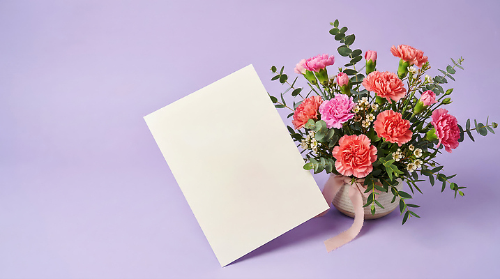 JPG 식물 편집이미지 꽃 분홍색 장식 꽃병 보라색 편지 카네이션 감사 가정의달 조화 편집실사 AI포토 AI콘텐츠 감정 컬러 5월 CG 파일형식