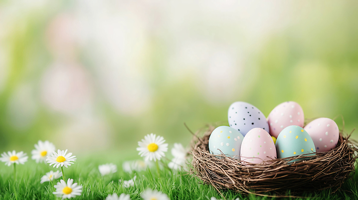 JPG 편집이미지 꽃 부활절 잔디 초원 햇빛 계란 봄 둥지 부활절계란 편집실사 AI포토 AI콘텐츠 식물 계절 기념일 태양 알 CG 파일형식