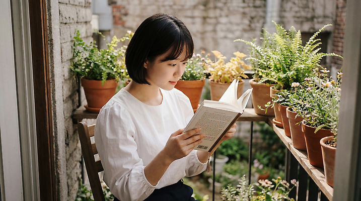 JPG 식물 편집이미지 여자 화분 휴식 소녀 책 독서 평화 발코니 의료성형뷰티 편집실사 AI인물포토 AI콘텐츠 어린이 컨셉 사람 CG 파일형식 AI포토