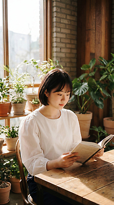 JPG 식물 편집이미지 여자 화분 실내 책 독서 햇빛 카페 나무탁자 의료성형뷰티 차분 편집실사 AI인물포토 AI콘텐츠 컨셉 탁자 사람 내부 태양 상점 CG 파일형식 AI포토