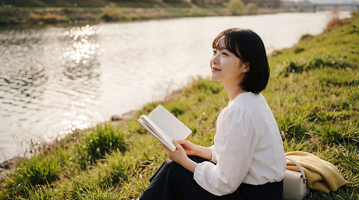 JPG 편집이미지 여자 자연 취미 야외 책 물 독서 햇빛 강가 편안함 즐거움 의료성형뷰티 편집실사 AI인물포토 AI콘텐츠 자연요소 감정 사람 강 태양 감각 CG 생태계 파일형식 AI포토