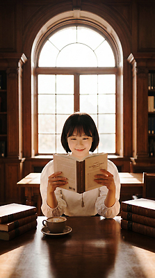 JPG 편집이미지 여자 커피 창문 책 독서 햇빛 교양 도서관 집중 책상 의료성형뷰티 편집실사 AI인물포토 AI콘텐츠 교육 음료 가구 컨셉 사람 태양 CG 파일형식 AI포토