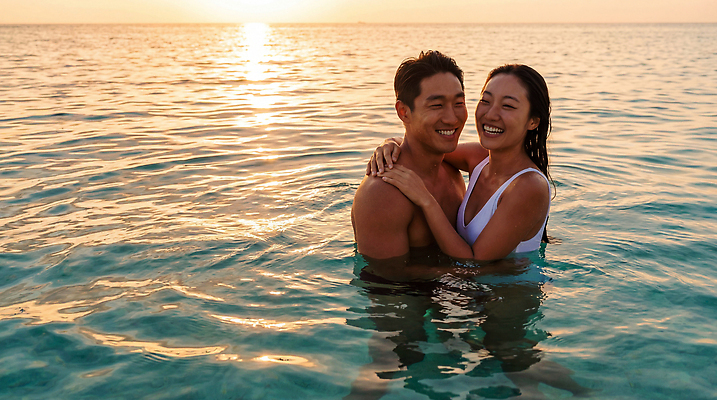 JPG 편집이미지 커플 여자 남자 수영복 행복 바다 포옹 물놀이 수영장 사랑 웃음 해변 두명 여름 수중 일몰 즐거움 의료성형뷰티 편집실사 AI인물포토 AI콘텐츠 옷 계절 감정 관계 안기 놀이 표정 사람 노을 CG 파일형식 AI포토