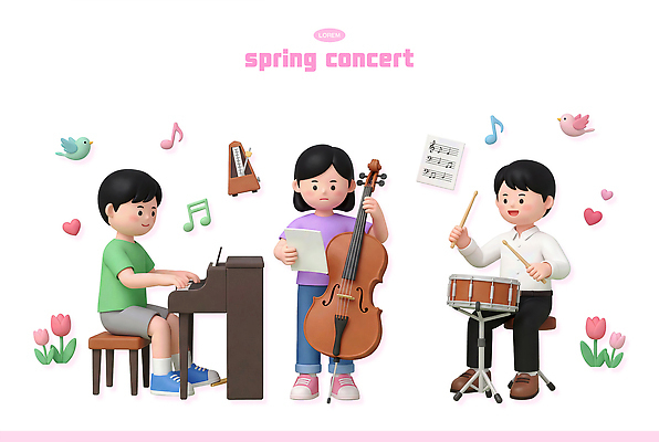 PSD 편집이미지 학생 여자 남자 악기 음악 연주 학교 협력 친구 봄 콘서트 공연 피아노 즐거움 드럼 첼로 음악회 봄맞이 편집3D 계절 교육 감정 관계 문화예술 타악기 사람 이벤트 3D 건반악기 파일형식 찰현악기