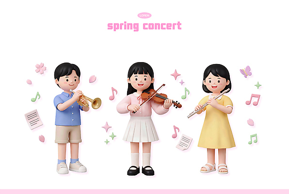 PSD 편집이미지 여자 남자 어린이 악기 음악 연주 친구 소리 봄 콘서트 공연 플루트 바이올린 즐거움 트럼펫 음악회 봄맞이 편집3D 계절 감정 관계 현악기 문화예술 관악기 사람 이벤트 3D 금관악기 파일형식