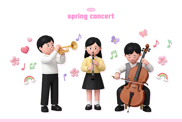 PSD 편집이미지 여자 남자 꽃 어린이 악기 음악 무지개 연주 봄 콘서트 공연 트럼펫 첼로 음악회 클라리넷 봄맞이 편집3D 자연요소 식물 계절 문화예술 사람 이벤트 3D 목관악기 금관악기 파일형식 찰현악기