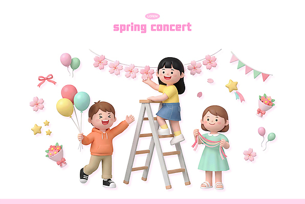 PSD 편집이미지 여자 기념일 남자 꽃 리본 어린이 사다리 장식 파티 축제 봄 준비 풍선 음악회 봄맞이 편집3D 식물 계절 사람 이벤트 3D 공연 도구 파일형식