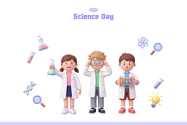PSD 편집이미지 학생 여자 남자 과학 실험 도구 관찰 실험복 화학 비커 원자 과학의날 편집3D 모션 실험기구 사람 3D 가운 파일형식 법정기념일