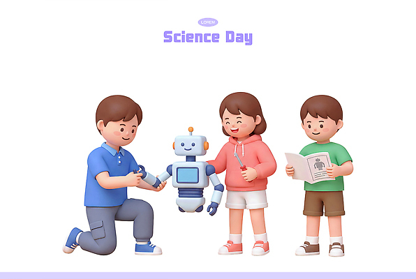 PSD 편집이미지 여자 교육 남자 과학 놀이 함께함 기술 웃음 친구 학습 체험 로봇 과학의날 창의성 편집3D 컨셉 관계 표정 사람 3D 파일형식 법정기념일