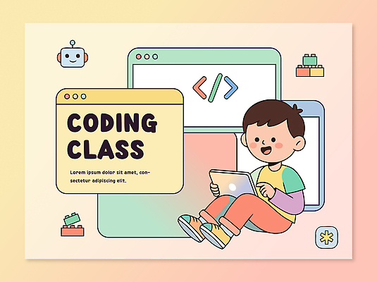 교육 어린이 일러스트 수업 학습 태블릿 디지털 스크린 블록 코드 로봇 창의성 프로그래밍 코딩 국내일러스트 AI파일 사람 전자제품 스마트기기 작업 개발 컴퓨터교육 파일형식 벡터