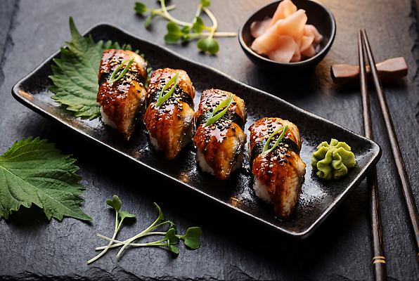 JPG 편집이미지 접시 음식 일본 식사 초밥 맛 고추냉이 장어 생강 장어초밥 편집실사 AI포토 AI콘텐츠 식기 아시아 컨셉 채소 어류 양념 CG 일본음식 파일형식