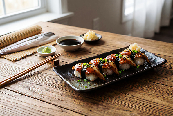 JPG 나무 편집이미지 접시 문화 음식 탁자 식사 초밥 고추냉이 장어 간장 생강 장어초밥 일본음식 편집실사 AI포토 AI콘텐츠 식물 식기 가구 채소 어류 양념 CG 파일형식