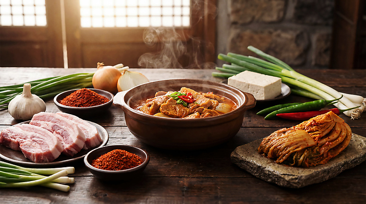JPG 편집이미지 한식 음식 재료 고추 양파 김치 마늘 육류 요리 찌개 뚝배기 두부 대파 고춧가루 김치찜 돼지고기김치찌개 편집실사 AI포토 AI콘텐츠 채소 식재료 가루 CG 찜 파 김치찌개 파일형식
