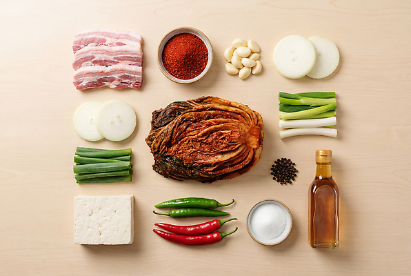 JPG 편집이미지 한식 식재료 재료 고추 마늘 요리 양념 두부 배추김치 대파 김치찜 먹거리 음식준비 돼지고기김치찌개 편집실사 AI포토 AI콘텐츠 음식 채소 김치 CG 준비 찜 파 김치찌개 파일형식