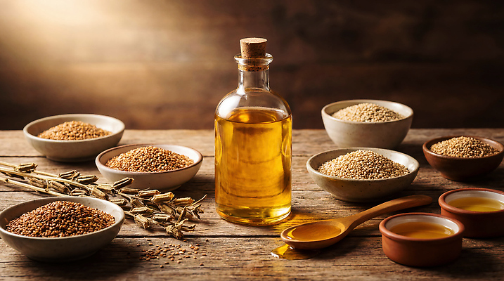 JPG 편집이미지 음식 유리병 숟가락 양념 영양 나무탁자 참기름 참깨 편집실사 AI포토 AI콘텐츠 탁자 병_용기 수저 기름_음식 CG 깨 파일형식