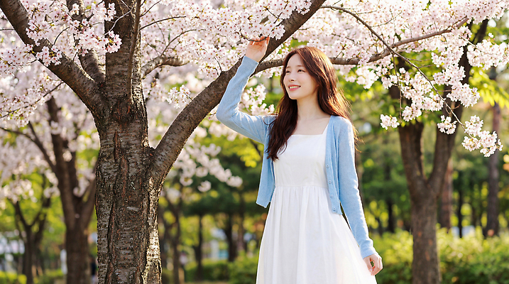 JPG 나무 식물 편집이미지 원피스 공원 여자 꽃 행복 자연 미소 봄 산책 벚꽃 나뭇가지 만개 의료성형뷰티 편집실사 AI인물포토 AI콘텐츠 옷 계절 공공시설 감정 휴식 표정 사람 CG 생태계 파일형식 AI포토