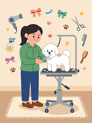 여자 반려견 일러스트 털 반려동물 도구 머리빗 강아지 미용사 스프레이 샴푸 다듬기 애견미용 애완동물가게 국내일러스트 AI파일 동물 직업 모션 사람 위생용품 뷰티 상점 미용용품 개 파일형식 벡터