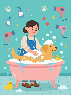 동물 여자 반려견 일러스트 오리 욕조 반려동물 위생용품 장난감 목욕 거품 개 드라이어 애견미용 애완동물가게 국내일러스트 AI파일 생활용품 포유류 조류 사람 뷰티 상점 청결 미용용품 파일형식 벡터