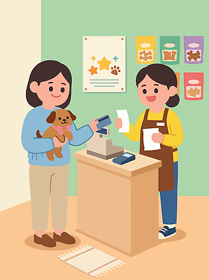 반려견 일러스트 모션 사람 반려동물 쇼핑 상점 개 구매 고객 즐거움 서비스 결제 소형견 영수증 단말기 판매원 애견미용 애완동물가게 국내일러스트 AI파일 동물 직업 감정 포유류 금융 뷰티 파일형식 벡터