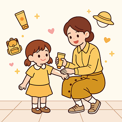 계절 어린이 컬러 컨셉 가족 관계 사람 라이프 신체부위 화장품 파일형식 벡터 엄마 선크림 팔 노란색 여름 피부 보호 외출 준비 일상 국내일러스트 일러스트 AI파일 유치원생