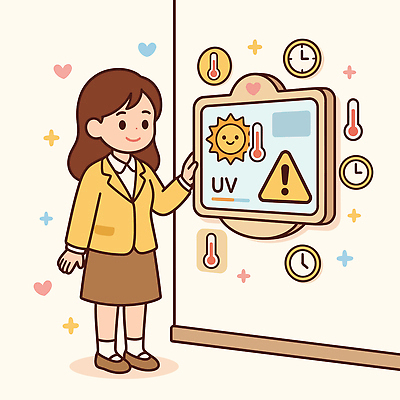 자연요소 여자 어린이 모션 날씨 내부 파일형식 벡터 소녀 정보 태양 온도 자외선 실내 스크린 확인 기상 기온 시계 경고 국내일러스트 일러스트 AI파일 유치원생