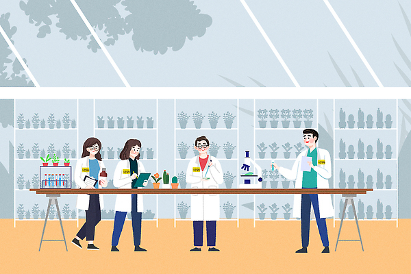 PSD 식물 여자 남자 과학 일러스트 협력 실험기구 실험 학습 환경 자료 관찰 실험실 연구원 분석 수목원 국내일러스트 직업 교육 컨셉 모션 사람 파일형식