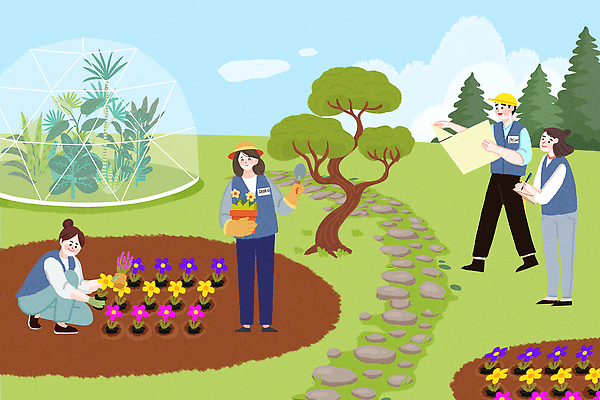 PSD 나무 식물 꽃 화분 길 일러스트 자연 하늘 사람 잔디 정원 관찰 원예 식물원 정리 수목원 국내일러스트 모션 취미 생태계 파일형식