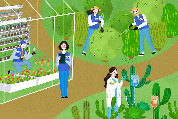 PSD 나무 식물 꽃 과학 일러스트 협력 실내 실험 관리 사람 야외 환경 정원 연구원 원예 식물원 수목원 가지치기 국내일러스트 직업 취미 내부 파일형식