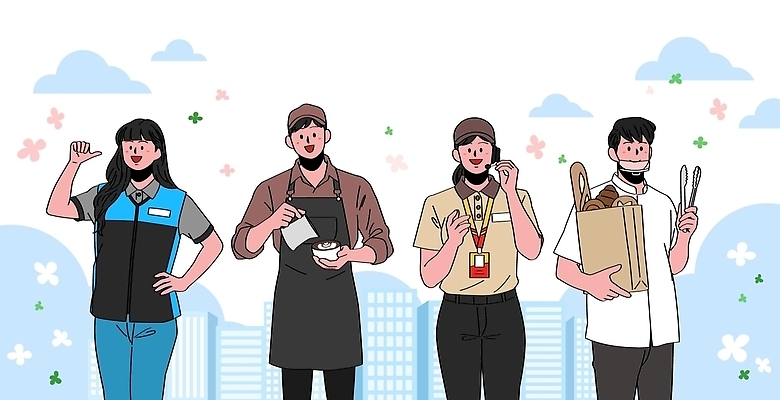 직업 여자 남자 음식 일러스트 청소년 커뮤니케이션 협력 직장 손짓 여러명 친구 도시 작업 아르바이트 소통 노동법 노동권 국내일러스트 AI파일 근로기준법 근로권익 다수 컨셉 회사 관계 모션 사람 법 인권 파일형식 벡터 권리