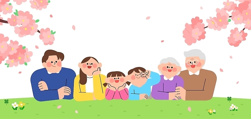 나무 꽃잎 꽃 행복 어린이 일러스트 가족 함께함 미소 웃음 성인 일상 소풍 봄 벚꽃 용수철 즐거움 국내일러스트 AI파일 식물 계절 감정 컨셉 관계 표정 사람 라이프 야외활동 파일형식 벡터