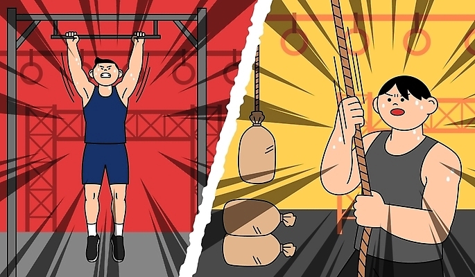 남자 밧줄 스포츠 일러스트 근육 운동선수 건강 운동복 운동 운동기구 헬스 힘 에너지 연습 체육관 샌드백 턱걸이 국내일러스트 AI파일 옷 줄 사람 파일형식 벡터