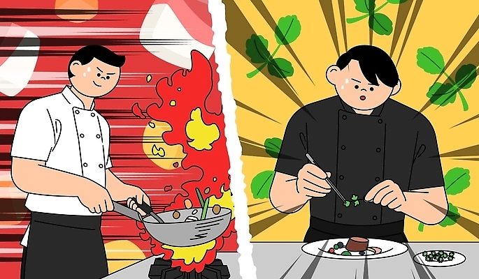 자연요소 직업 식기 음식 컨셉 사람 상점 파일형식 벡터 비교 요리 요리사 불 재료 볶음 접시 식사 식당 맛 준비 AI파일 일러스트 국내일러스트 남자