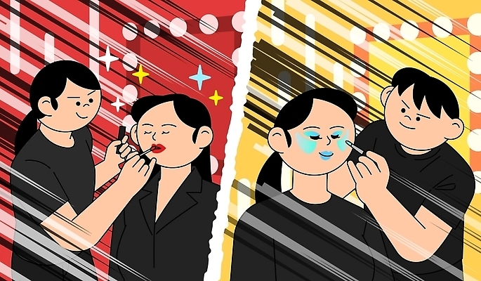 손 여자 남자 얼굴 일러스트 사람 빨간색 화장 뷰티 노란색 화장품 집중 아티스트 틴트 스타일 국내일러스트 AI파일 직업 컬러 컨셉 신체부위 파일형식 벡터