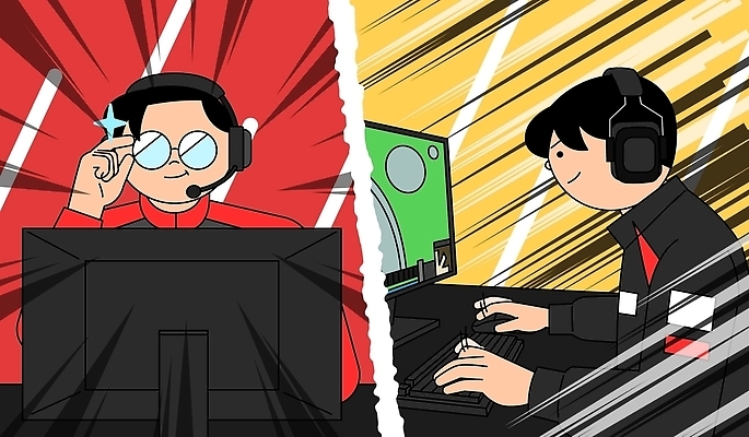 남자 일러스트 협력 친구 컴퓨터 스크린 모니터 헤드셋 경쟁 게임 키보드 마우스 집중 중계 대회 빨간옷 프로게이머 플레이어 국내일러스트 AI파일 직업 옷 음향기기 컨셉 관계 놀이 사람 전자제품 컴퓨터용품 헤드폰 방송 게이머 파일형식 벡터